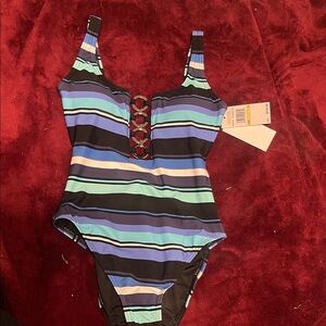 NWT Michael Kors Blue and Black Striped Swimsuit